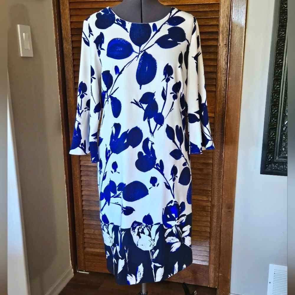Garden Party Ready, Blue and White Botanical Print Dress.